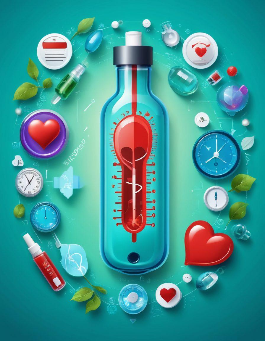 A dynamic collage depicting a blood test vial alongside a high-tech health monitoring device, with floating icons representing various preventive screenings such as heart rate, cholesterol, and blood pressure. Incorporate a stressed individual transforming into a relaxed version of themselves, highlighting the journey of mastery in health management. The background should be a soothing gradient of blues and greens, symbolizing health and wellness. vector art. vibrant colors.