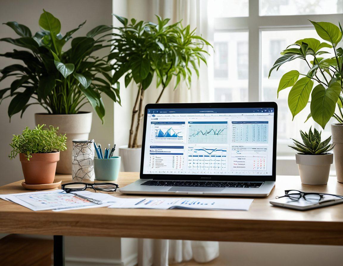 A serene and inviting scene featuring a well-organized desk with diagnostic evaluation tools like charts, a stethoscope, and a laptop displaying health data. In the background, a vibrant potted plant symbolizes growth and well-being. Soft sunlight filters through a window, casting a warm glow over the space. The ambiance conveys a sense of guidance and support towards healthy living. super-realistic. vibrant colors. calm tones.