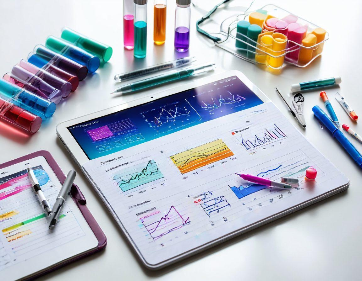 An open lab notebook surrounded by various colorful vials and medical test tubes, with a digital tablet displaying health data analytics. A glowing key symbolizing 'unlocking' health insights is hovering above the scene. Bright, inviting colors reflecting wellness and positivity. super-realistic. vibrant colors. white background.